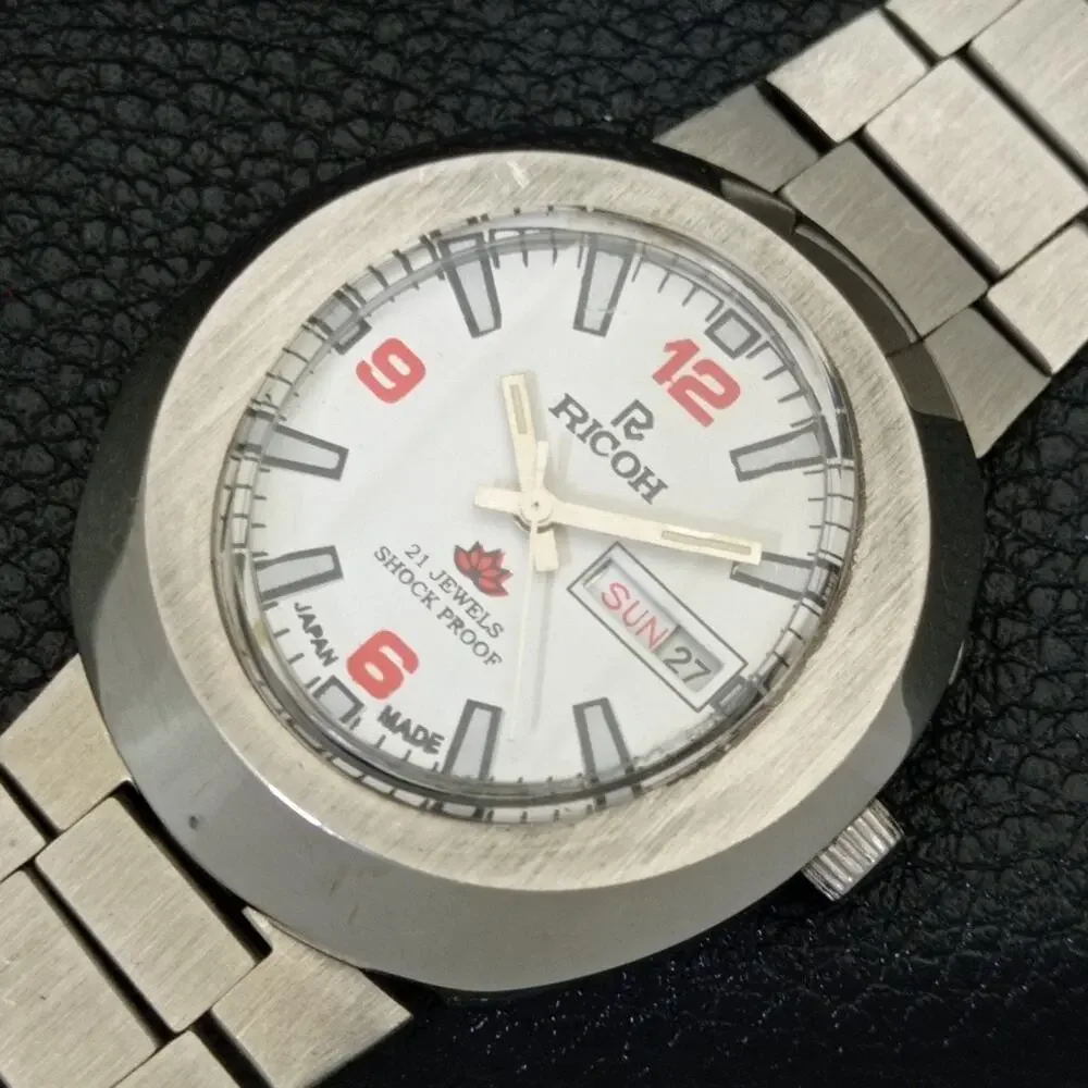 Vintage 1980 Ricoh Automatic Mens Silver Watch W/daydate & Red accents